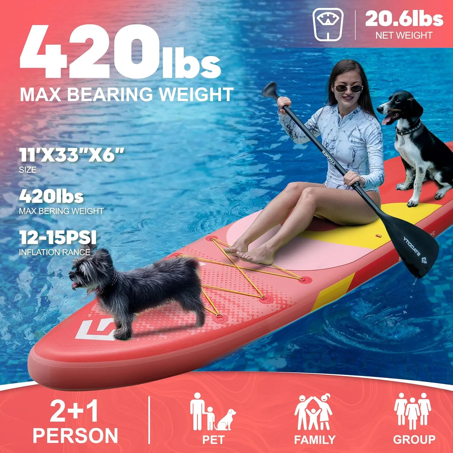 11'*34"*6" Blow Up Paddle Board, Inflatable Paddle Board,Paddle Board,Spacious and Stable, Anti Slip and Easy to Operate, Large Size Suitable for Single Person/Family/Pet Use.
