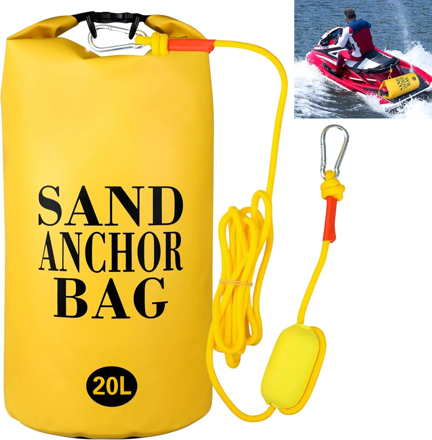 20L Sand Anchor Bag 2 in 1 PWC Sandbag Anchor Kit with Adjustable Buoy Waterproof Dry Bag for Water Sports Jet Ski Kayak Boat Paddle Board Watercraft Canoe