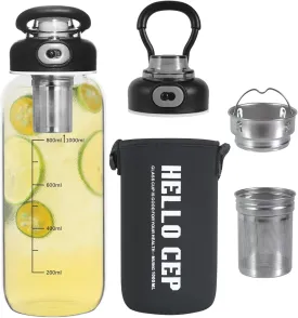 34oz Glass Water Bottle - Large Capacity drinking bottles, With Time Mark, Stainless Steel Tea Strainer,Sleeve, BPA Free,For hot or cold drinks, coffee, tea and water (34oz)