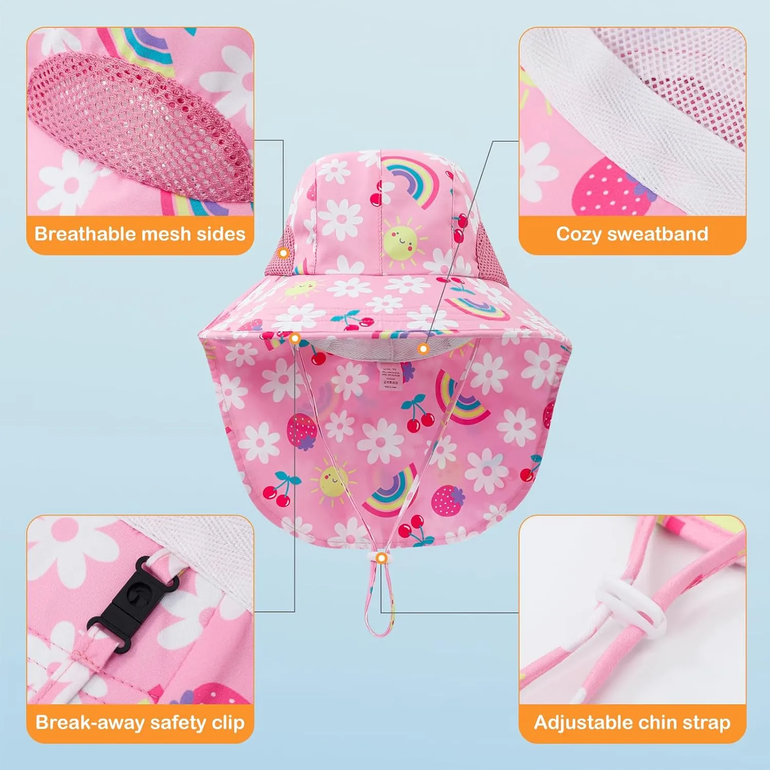 Baby Sun Hat UPF 50  Mesh Liner Toddler Bucket Hats with Wide Brim Neck Flap for Outdoor Beach Swim