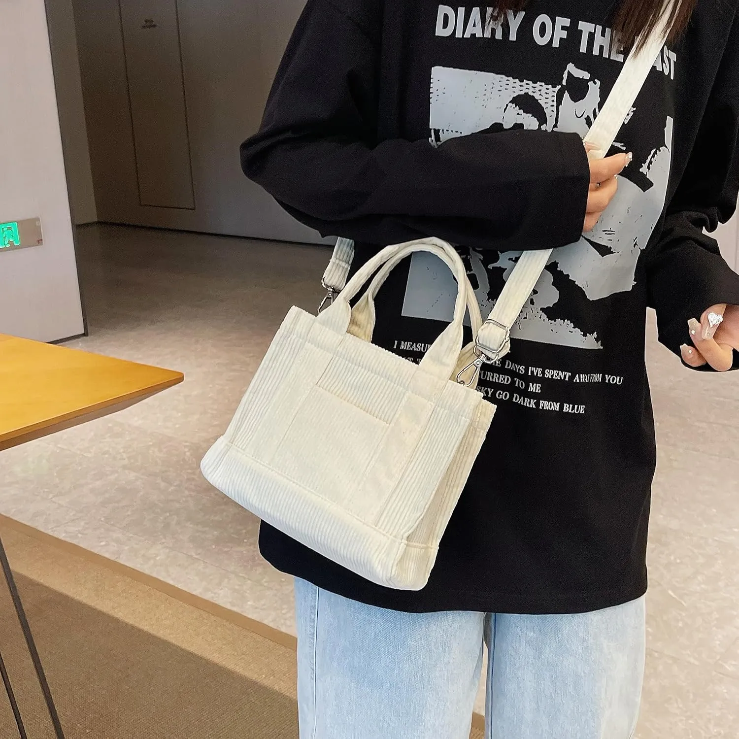 Corduroy Tote Bag Small Satchel Bag for Women Crossbody Bag Purse with Zipper Casual Hobo Handbag