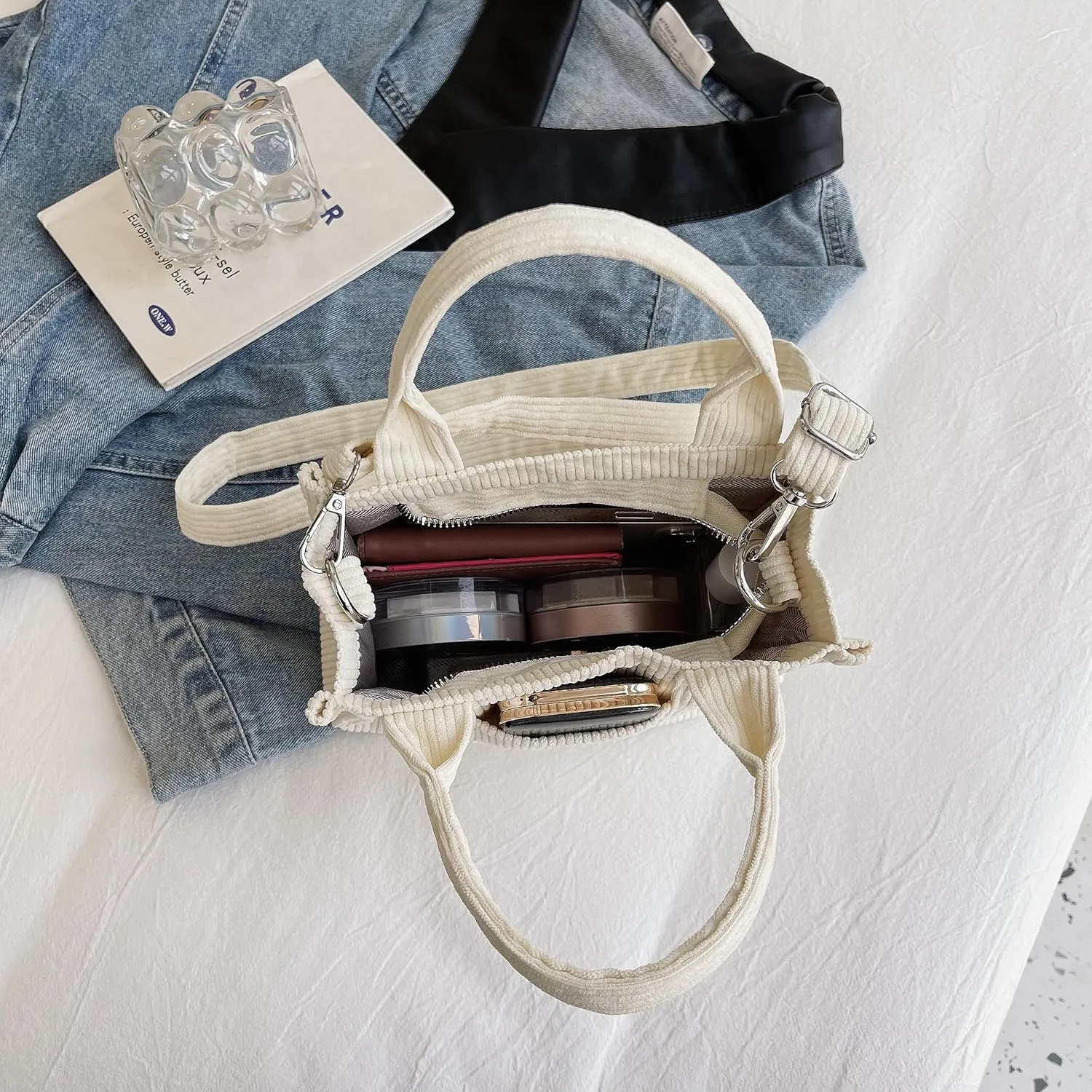Corduroy Tote Bag Small Satchel Bag for Women Crossbody Bag Purse with Zipper Casual Hobo Handbag