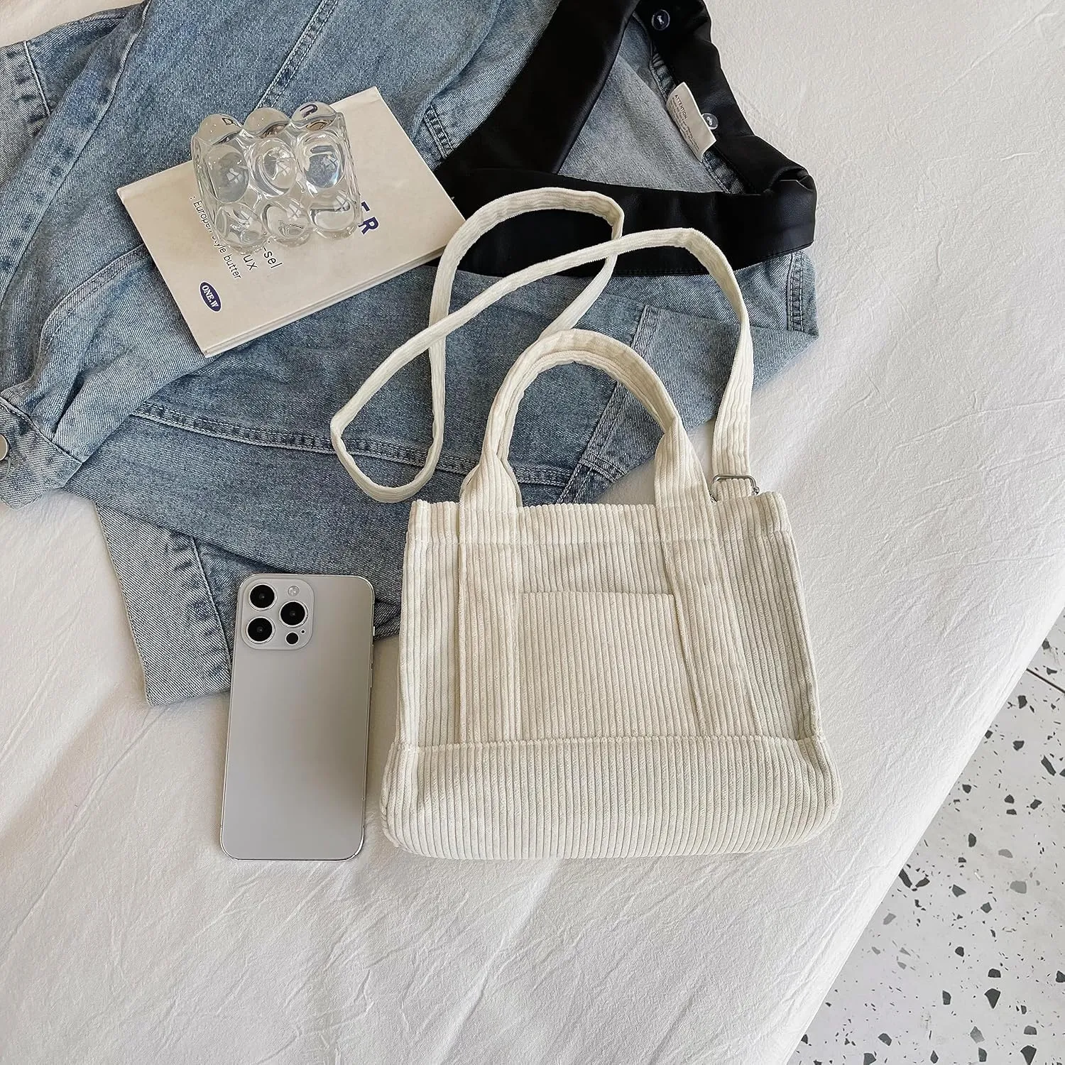 Corduroy Tote Bag Small Satchel Bag for Women Crossbody Bag Purse with Zipper Casual Hobo Handbag