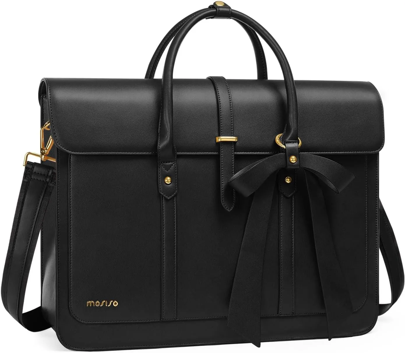 MOSISO Laptop Bag for Women, 15-15.6 inch PU Leather Laptop Shoulder Bag Convertible Backpack, 16 inch Messenger Bag Casual Handbag Work Briefcase Travel Computer Bag with Bowknot, Black