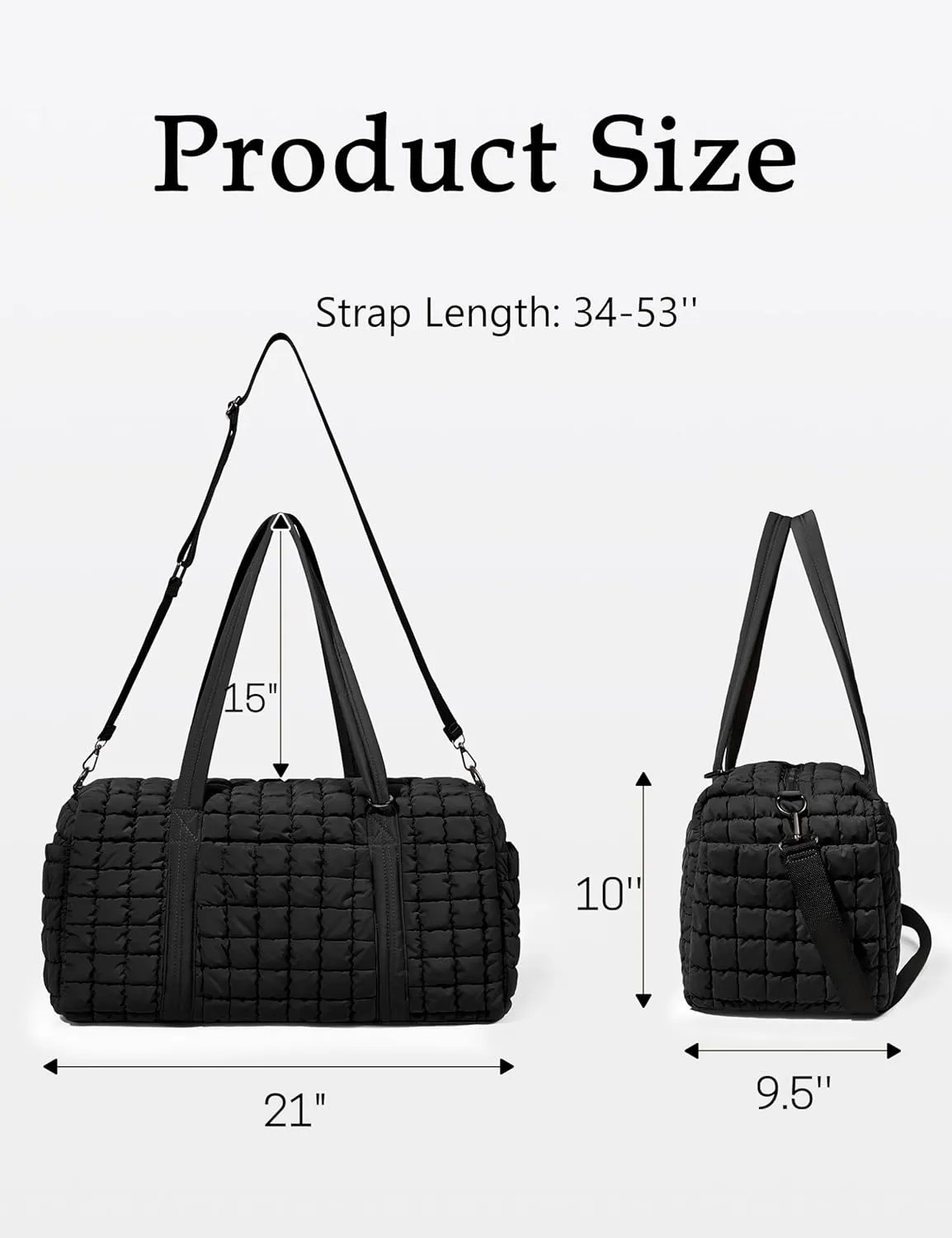 Quilted Travel Duffle Bag for Women Weekender Bag Large Puffer Overnight Bags Soft Puffy Duffel Bag Carry on Gym Bag Lightweight Personal Item Travel Bag for Trips Business Sport Airplane (Black)