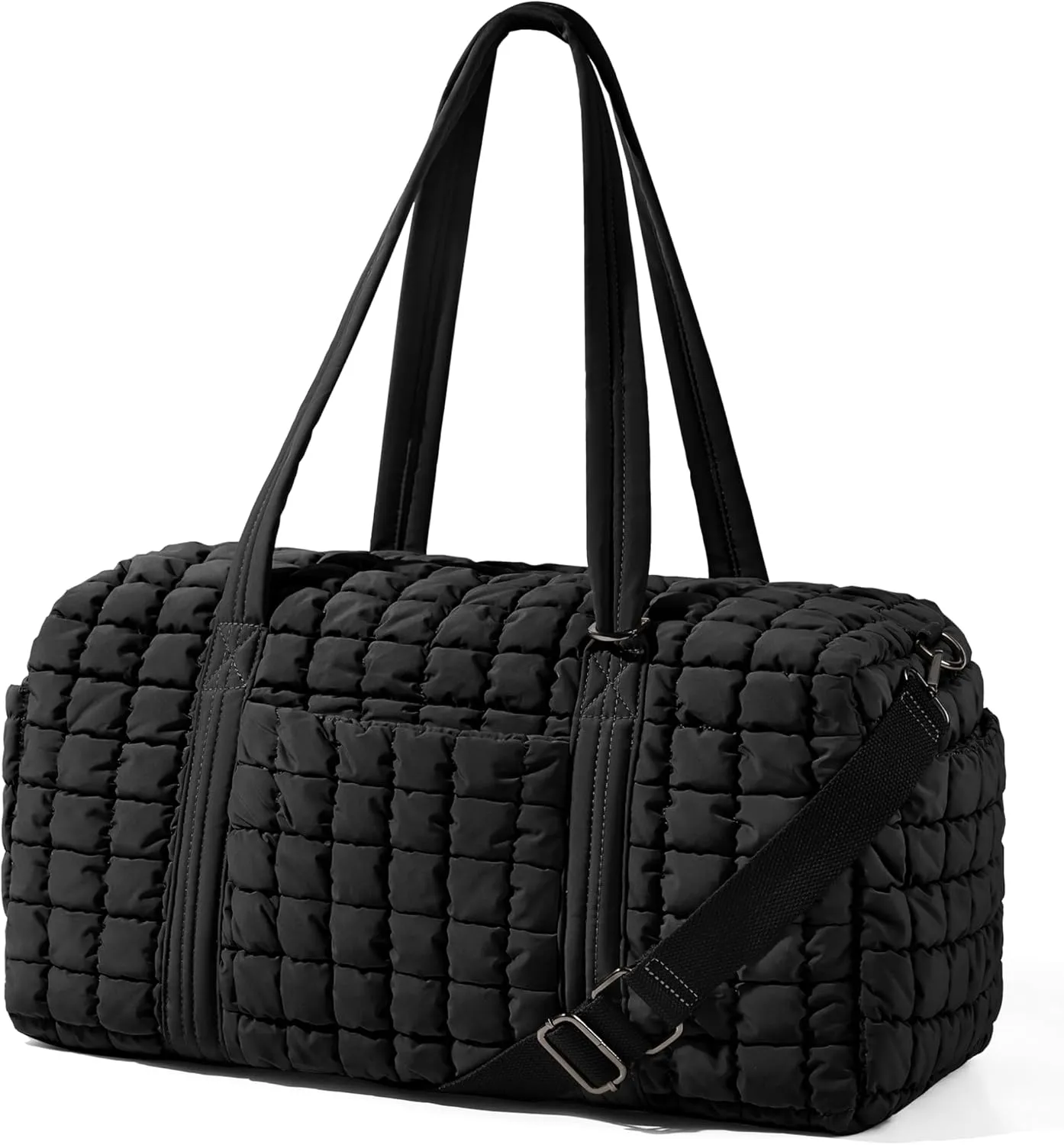 Quilted Travel Duffle Bag for Women Weekender Bag Large Puffer Overnight Bags Soft Puffy Duffel Bag Carry on Gym Bag Lightweight Personal Item Travel Bag for Trips Business Sport Airplane (Black)
