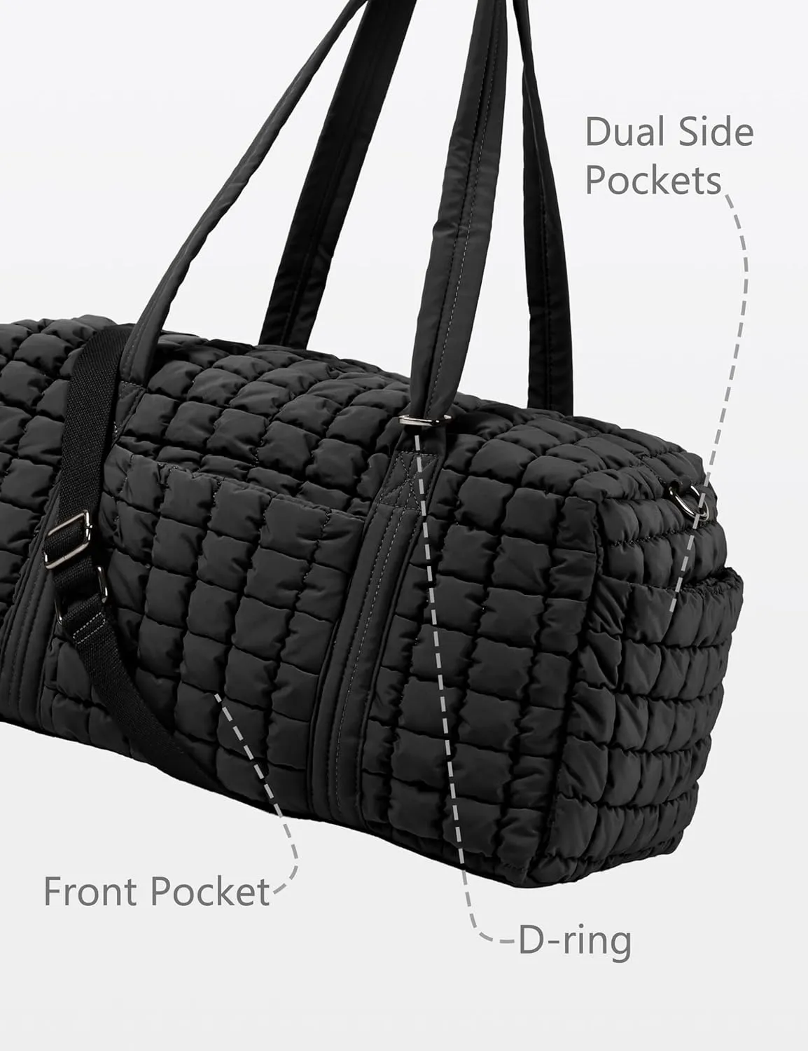 Quilted Travel Duffle Bag for Women Weekender Bag Large Puffer Overnight Bags Soft Puffy Duffel Bag Carry on Gym Bag Lightweight Personal Item Travel Bag for Trips Business Sport Airplane (Black)