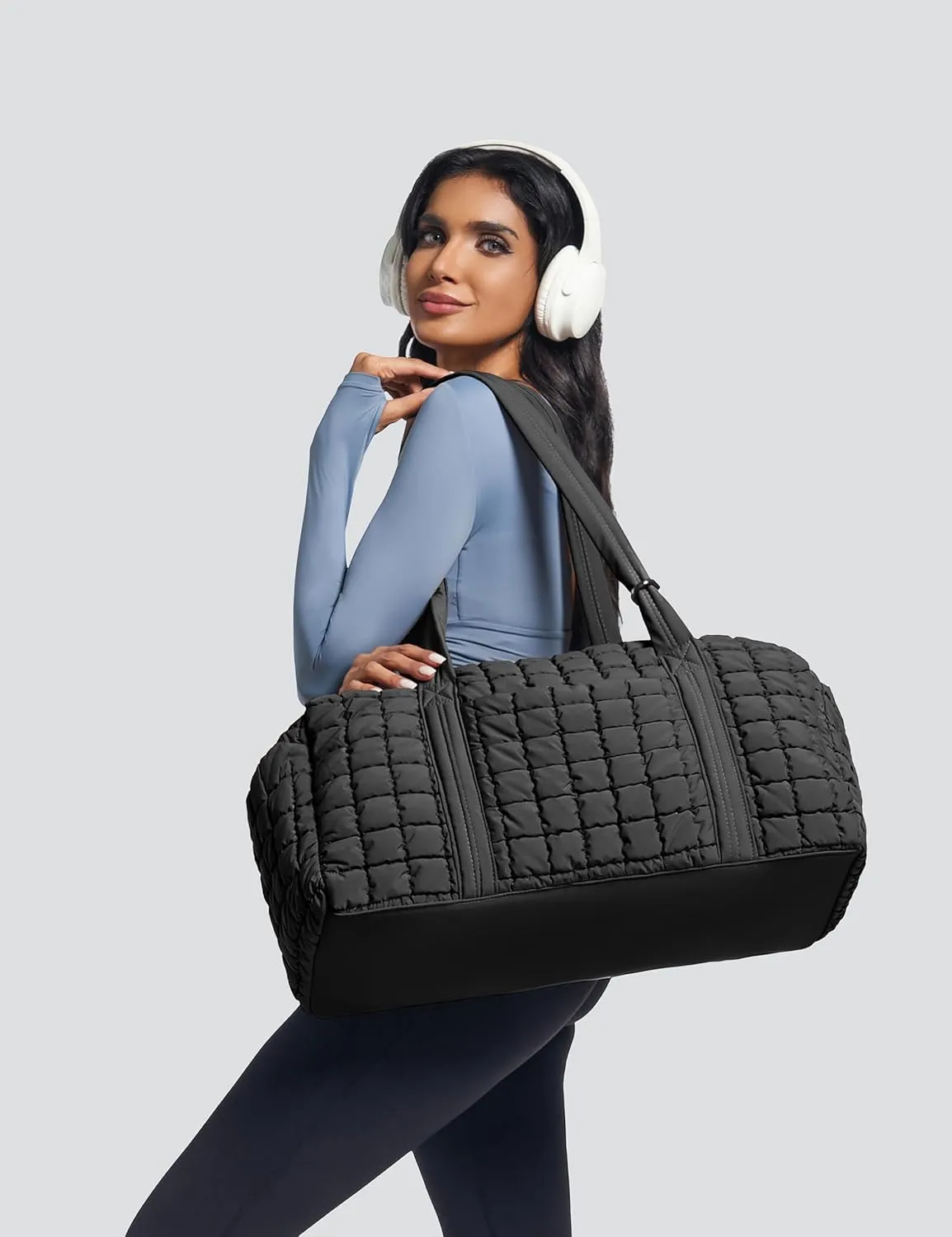 Quilted Travel Duffle Bag for Women Weekender Bag Large Puffer Overnight Bags Soft Puffy Duffel Bag Carry on Gym Bag Lightweight Personal Item Travel Bag for Trips Business Sport Airplane (Black)