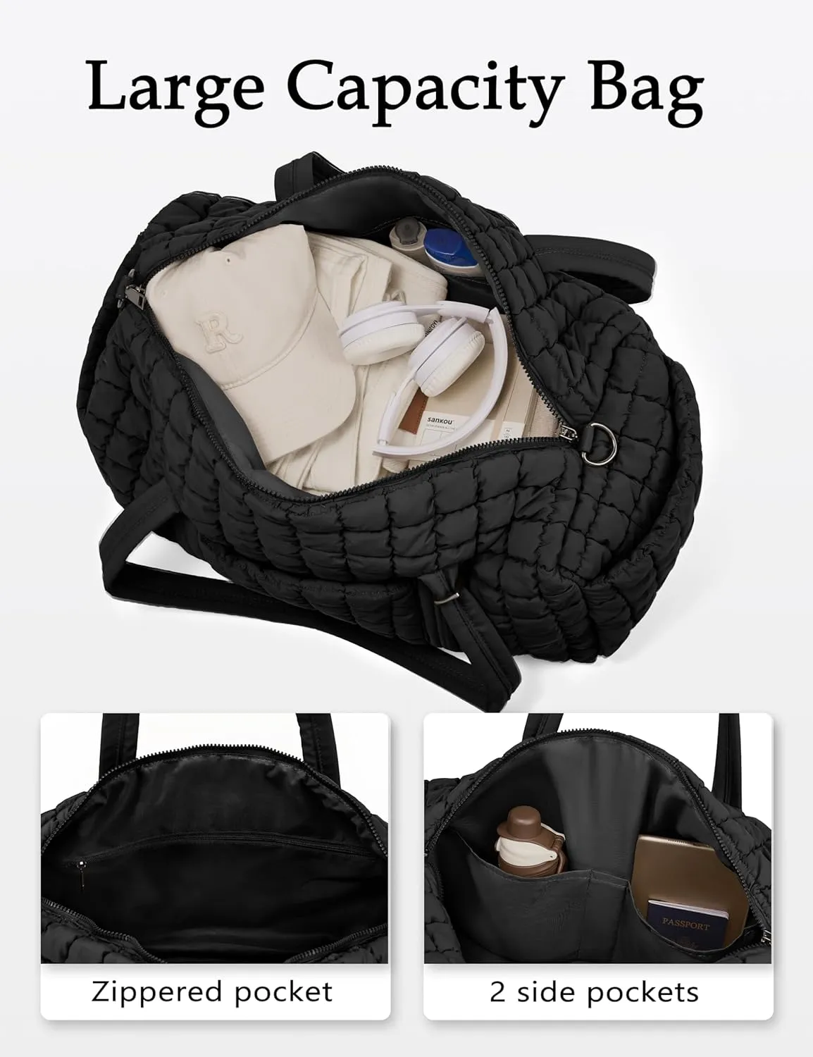 Quilted Travel Duffle Bag for Women Weekender Bag Large Puffer Overnight Bags Soft Puffy Duffel Bag Carry on Gym Bag Lightweight Personal Item Travel Bag for Trips Business Sport Airplane (Black)