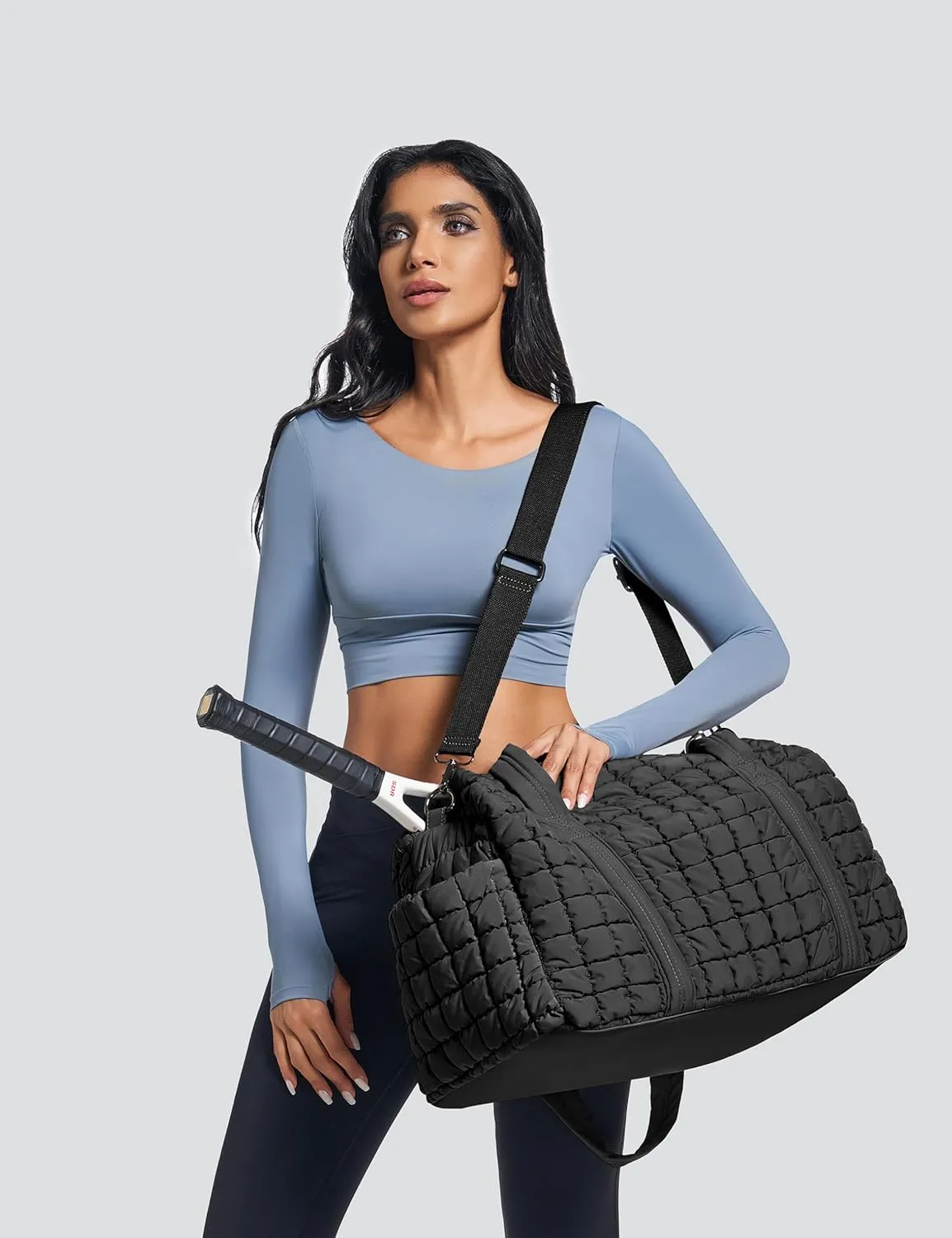 Quilted Travel Duffle Bag for Women Weekender Bag Large Puffer Overnight Bags Soft Puffy Duffel Bag Carry on Gym Bag Lightweight Personal Item Travel Bag for Trips Business Sport Airplane (Black)