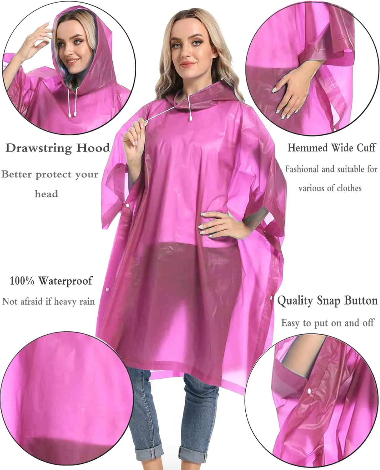 Reusable Rain Ponchos with Drawstring Hood for Adults, Waterproof Thicken Rain Coat, 2 Packs