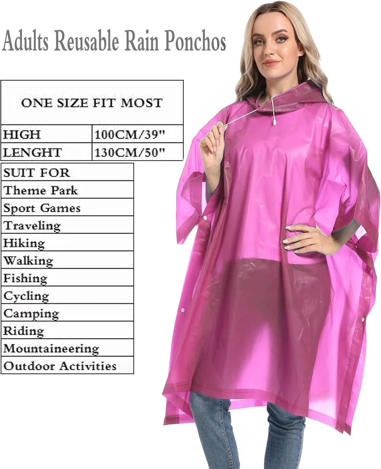 Reusable Rain Ponchos with Drawstring Hood for Adults, Waterproof Thicken Rain Coat, 2 Packs