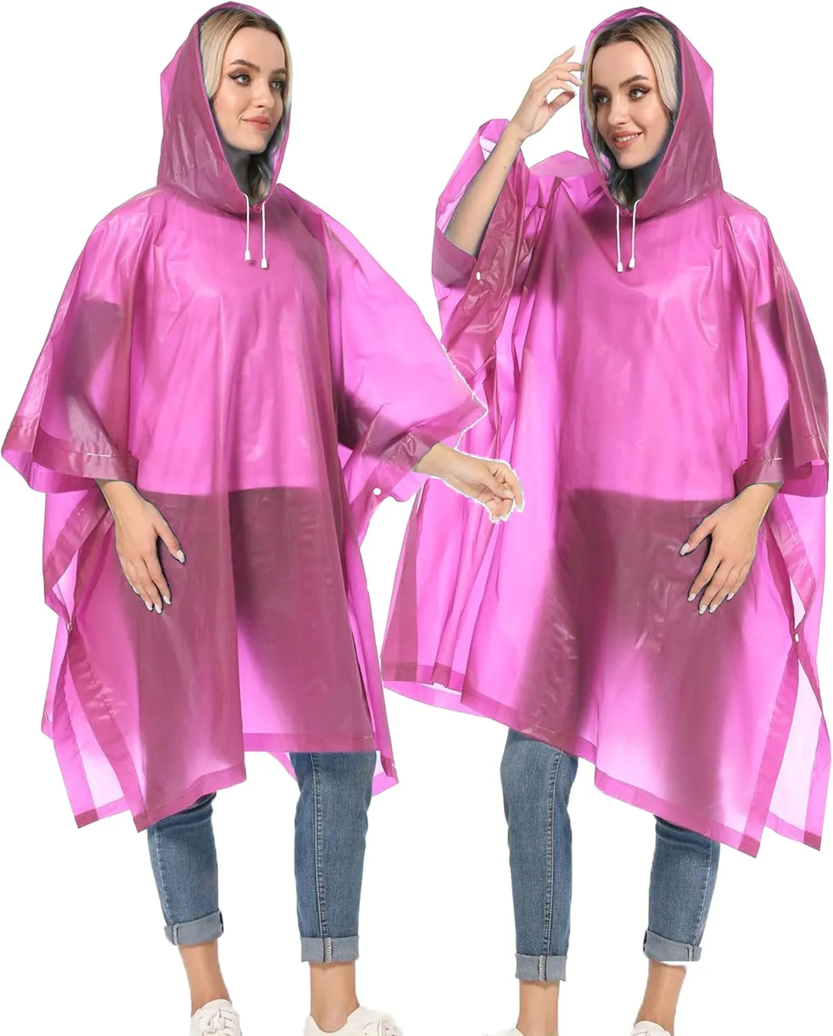 Reusable Rain Ponchos with Drawstring Hood for Adults, Waterproof Thicken Rain Coat, 2 Packs