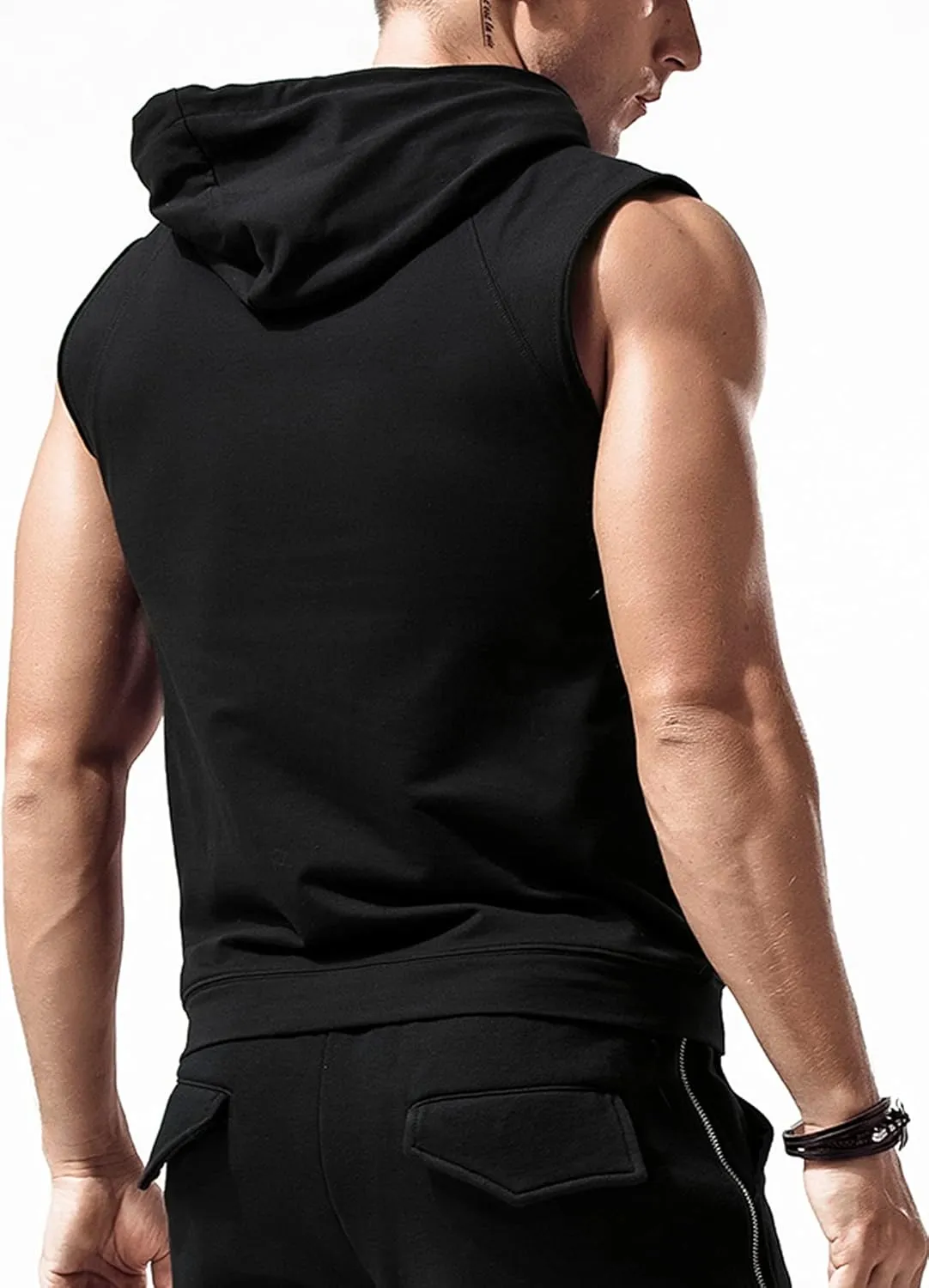 Sleeveless Hoodie Men Workout Hooded Tank Top Gym Muscle Shirts with Pocket