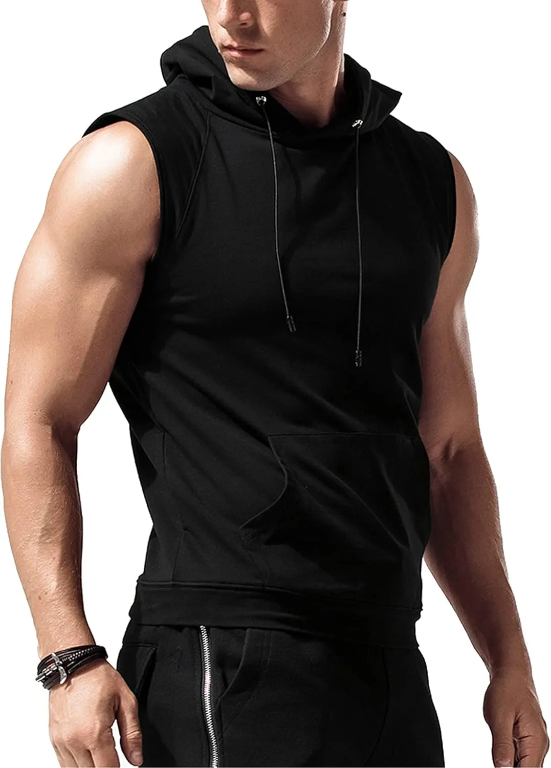 Sleeveless Hoodie Men Workout Hooded Tank Top Gym Muscle Shirts with Pocket