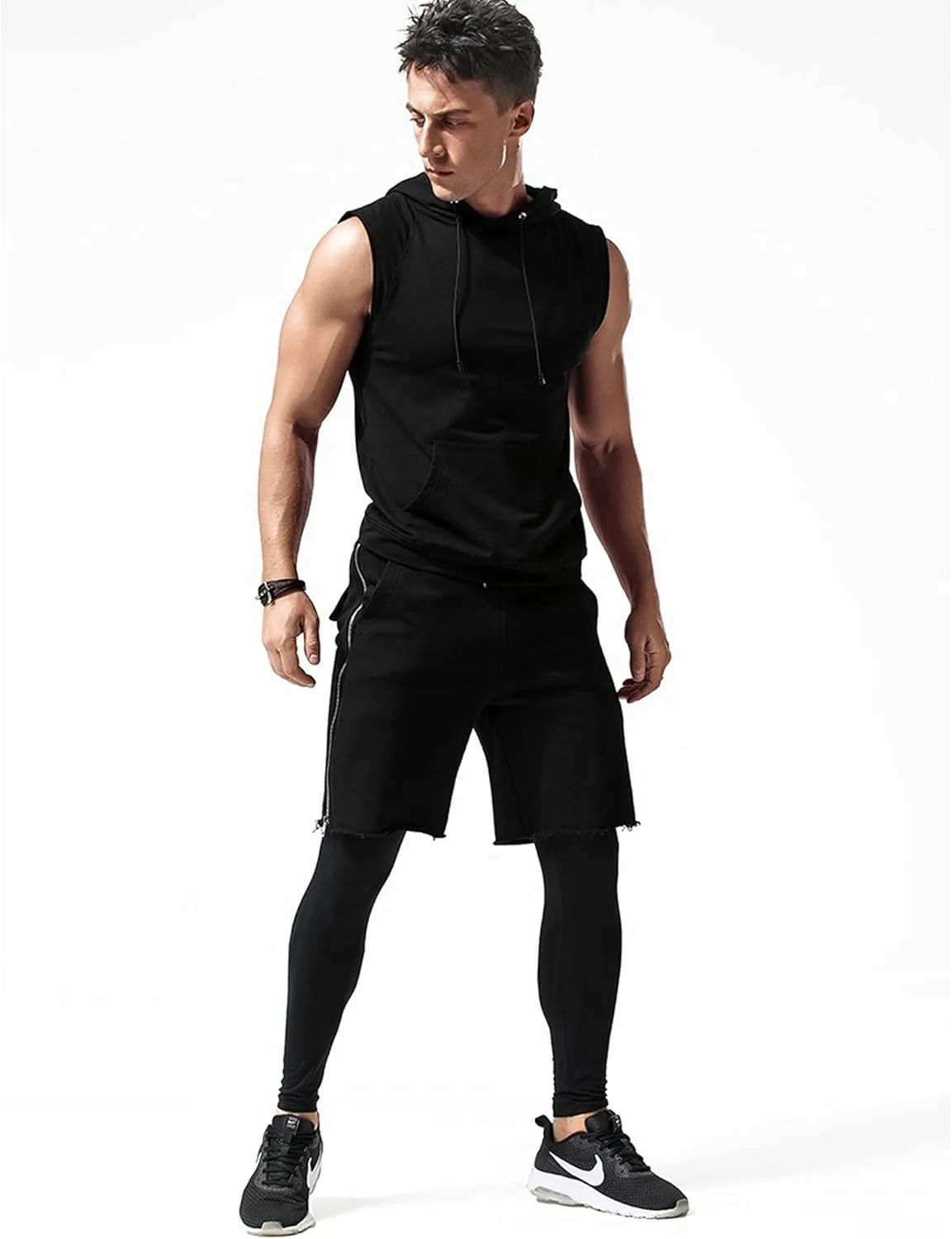 Sleeveless Hoodie Men Workout Hooded Tank Top Gym Muscle Shirts with Pocket